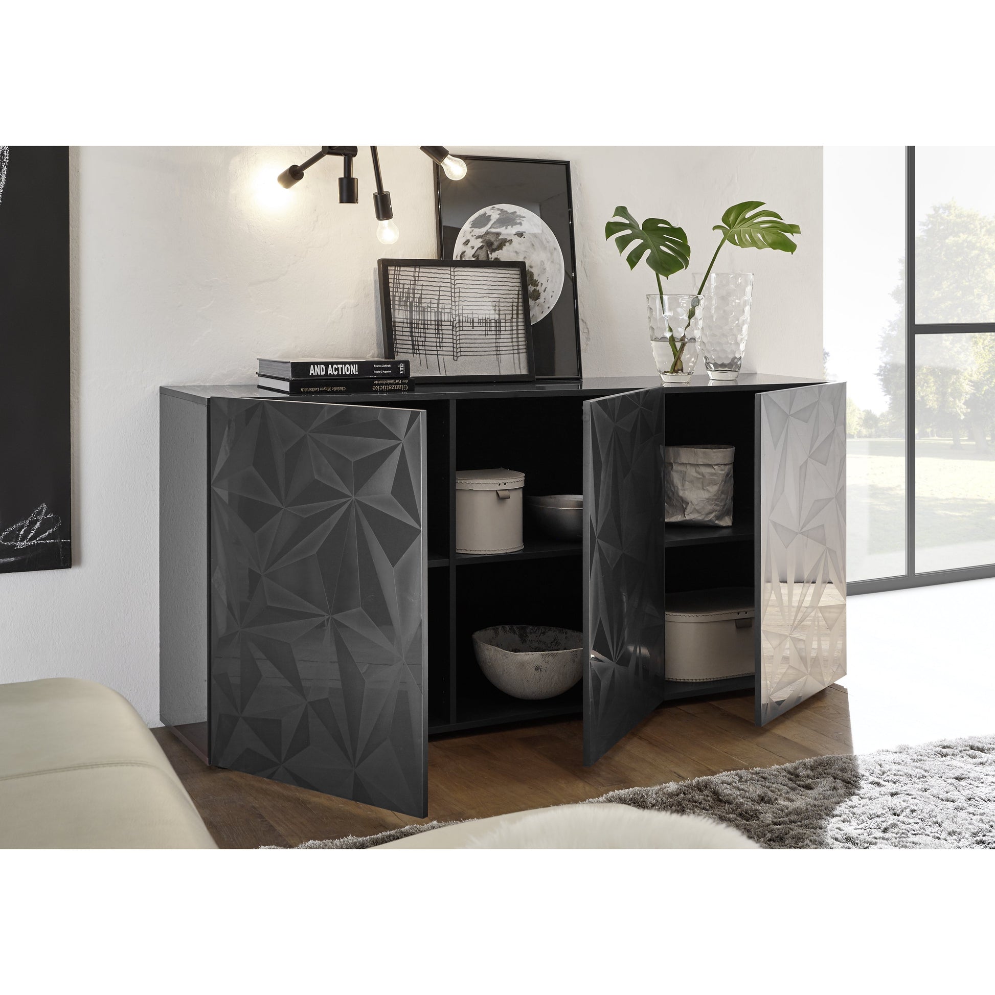 Evora 3 Door Grey Gloss Sideboard - FurniComp