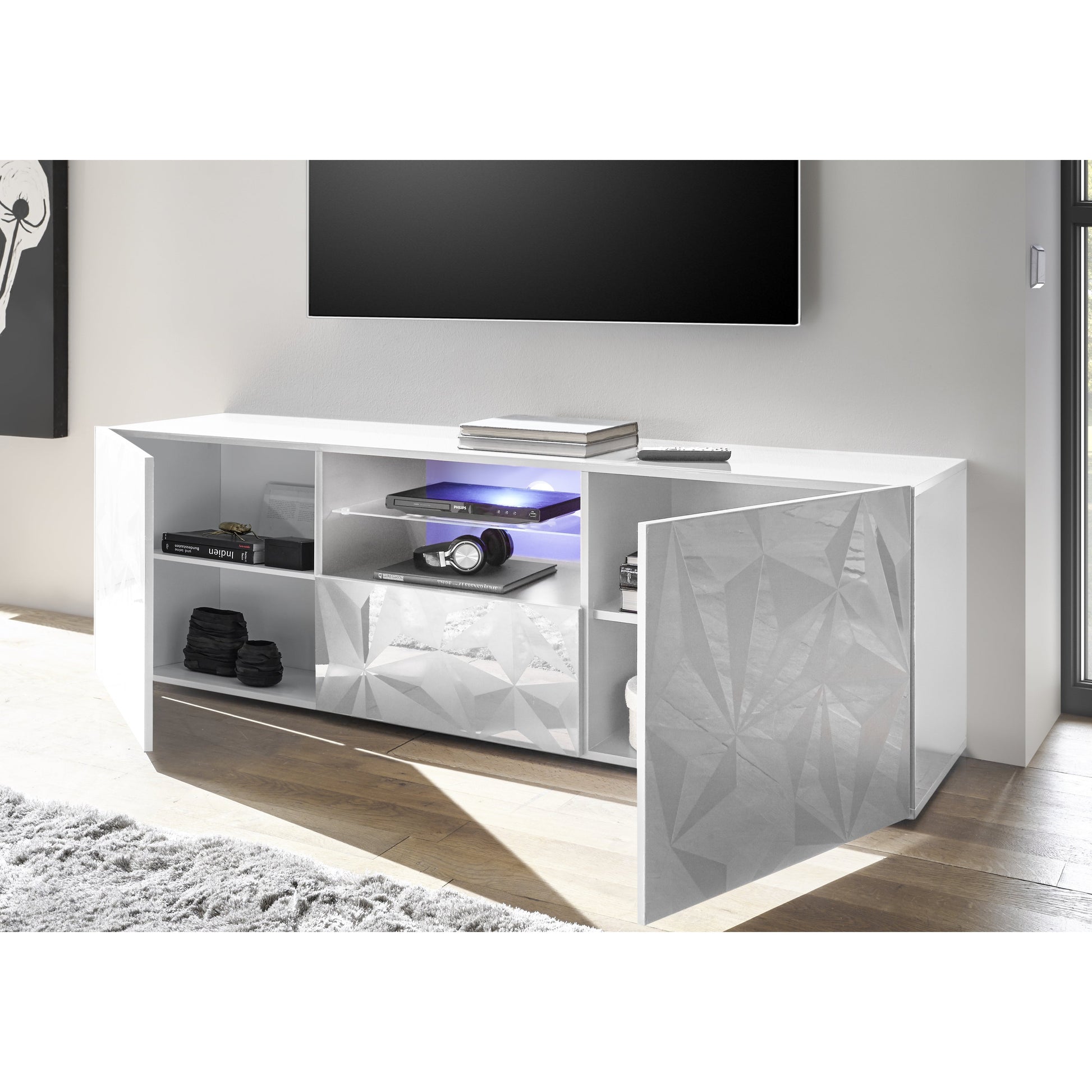 Evora 2 Door 1 Drawer White Gloss Large TV Stand - FurniComp