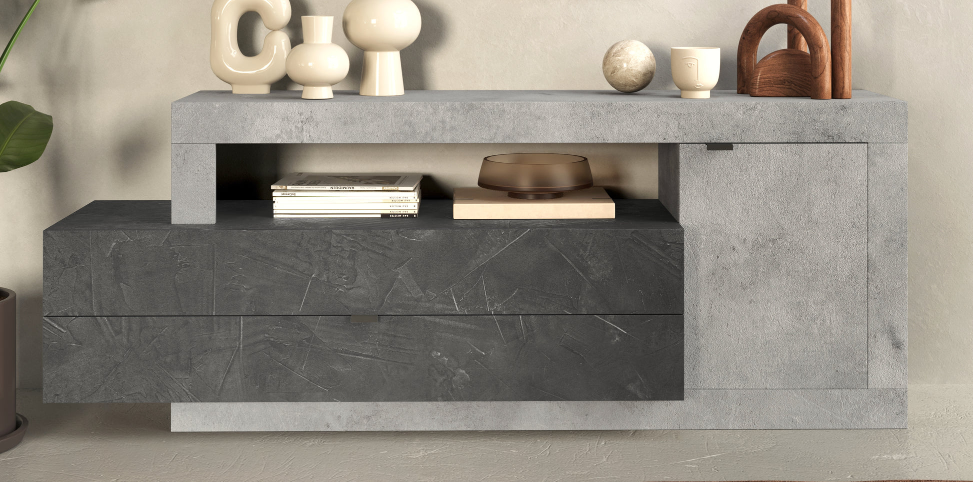 Fano 1 Door 2 Drawer 160cm Lead and Concrete Grey TV Stand - FurniComp