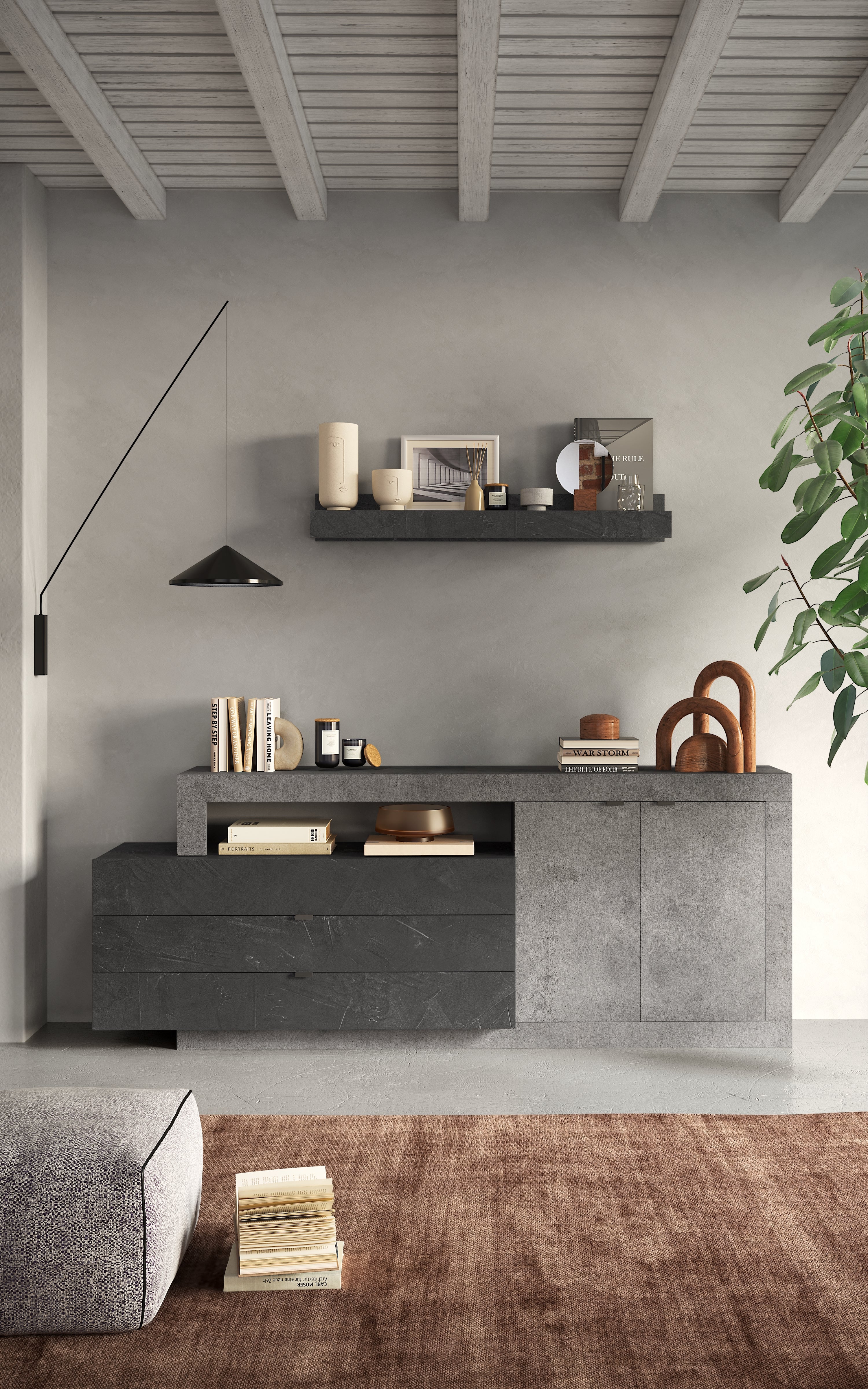 Fano 2 Door 3 Drawer 200cm Lead and Concrete Grey Sideboard - FurniComp