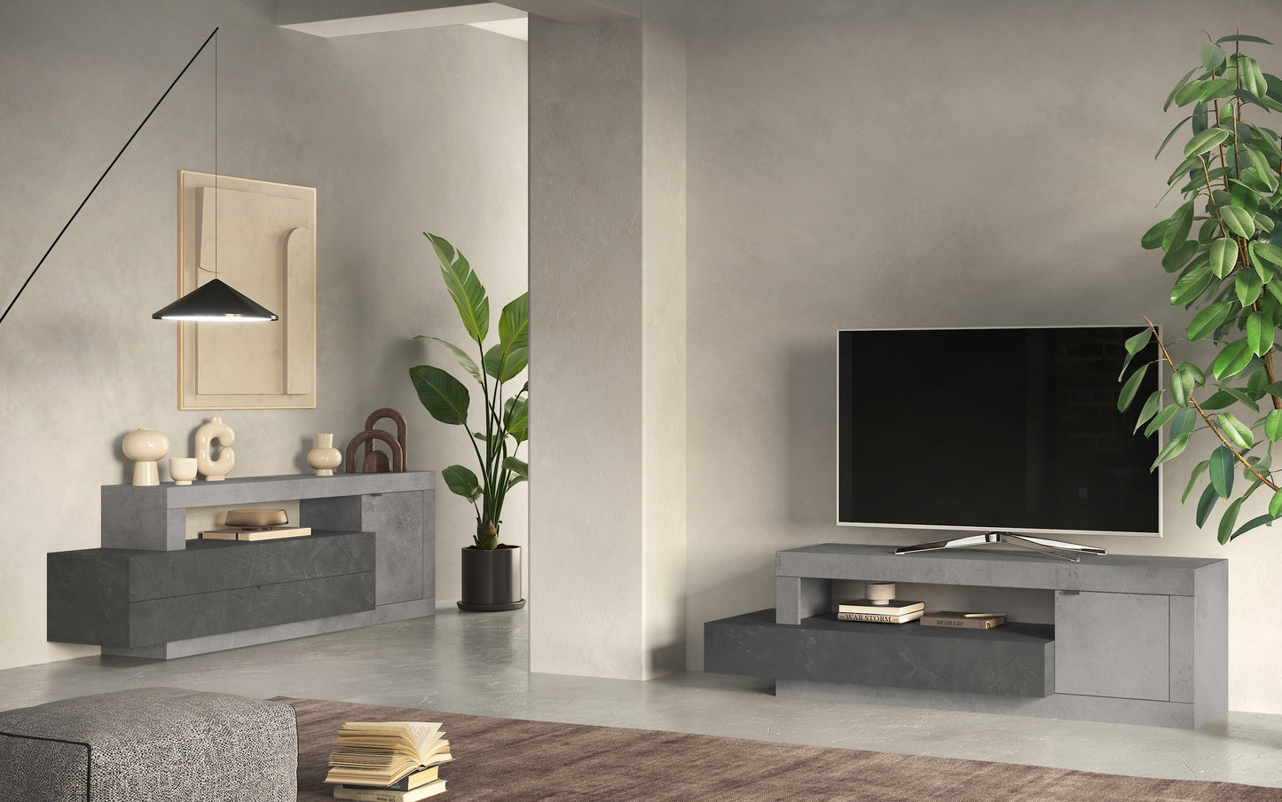 Fano 1 Door 1 Drawer 160cm Lead and Concrete Grey TV Stand - FurniComp