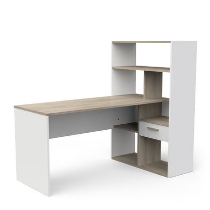 Faro White and Oak Corner Office Desk with Bookcase - FurniComp