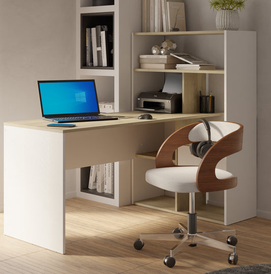 Faro White and Oak Corner Office Desk with Bookcase - FurniComp