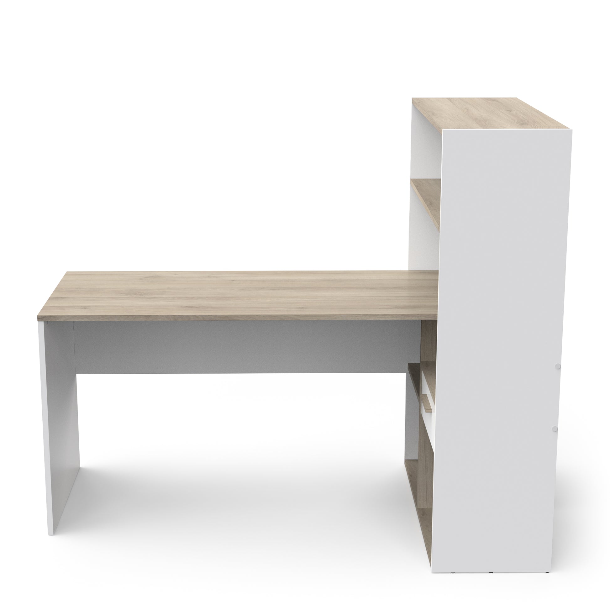 Faro White and Oak Corner Office Desk with Bookcase - FurniComp