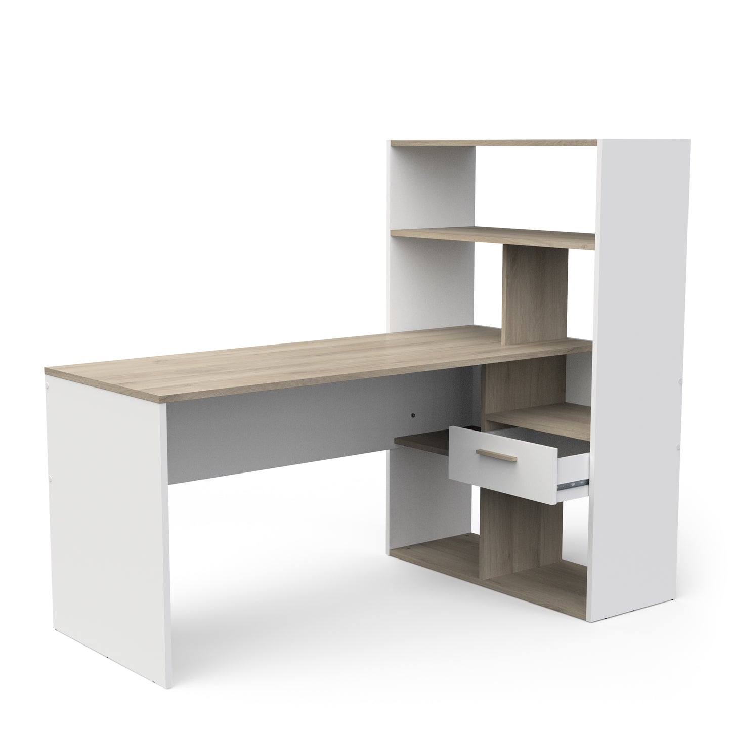 Faro White and Oak Corner Office Desk with Bookcase - FurniComp