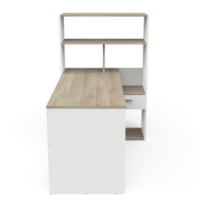 Faro White and Oak Corner Office Desk with Bookcase - FurniComp