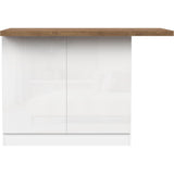 Fiora 130x80cm White Gloss Small Kitchen Island Breakfast Bar with Mercure Oak Top & Storage - FurniComp