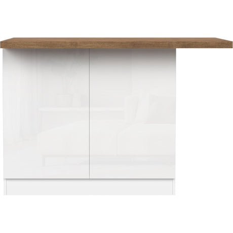 Fiora 130x80cm White Gloss Small Kitchen Island Breakfast Bar with Mercure Oak Top & Storage - FurniComp