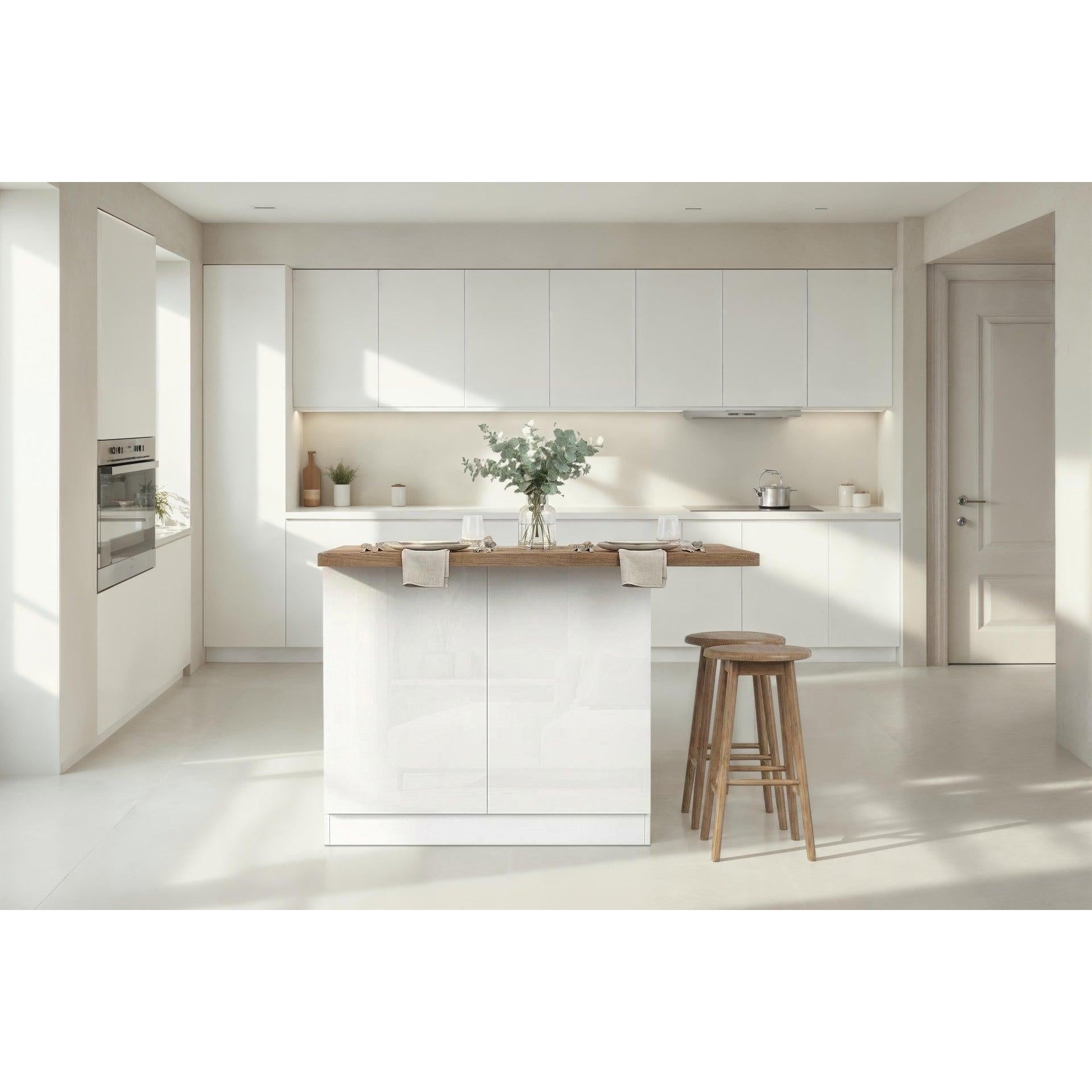 Fiora 130x80cm White Gloss Small Kitchen Island Breakfast Bar with Mercure Oak Top & Storage - FurniComp