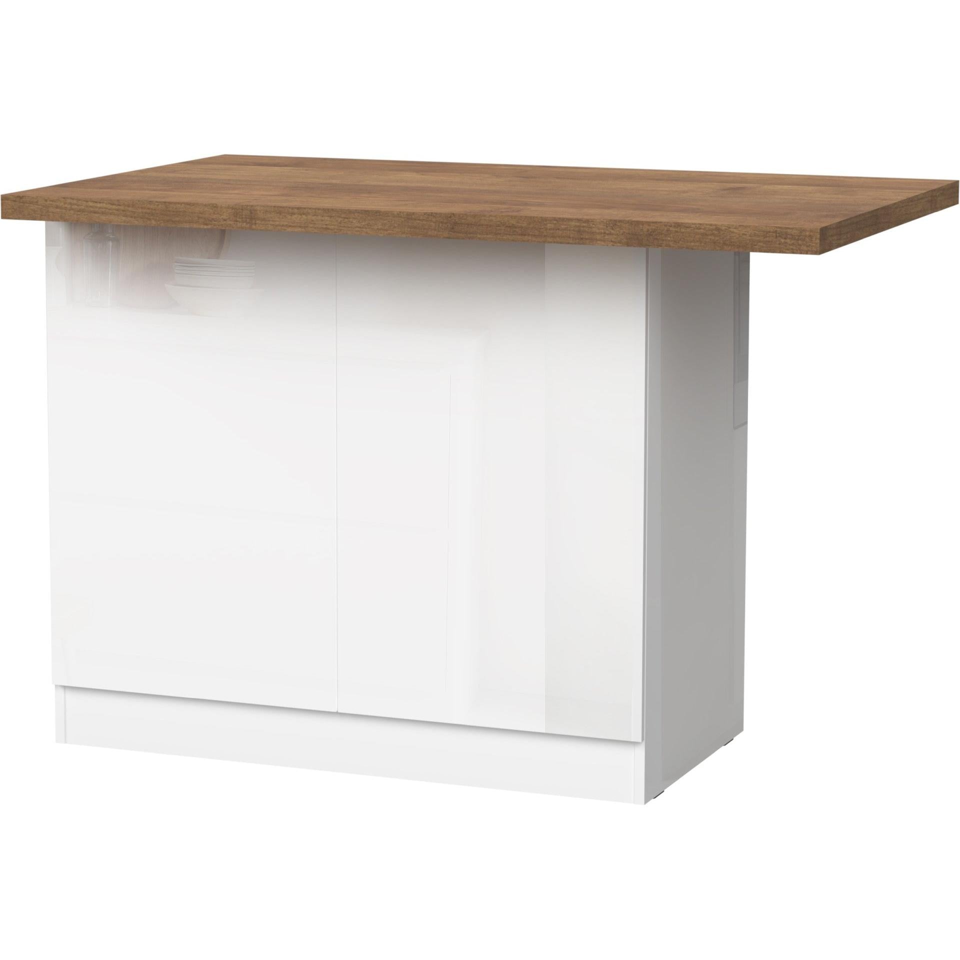 Fiora 130x80cm White Gloss Small Kitchen Island Breakfast Bar with Mercure Oak Top & Storage - FurniComp