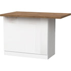 Fiora 130x80cm White Gloss Small Kitchen Island Breakfast Bar with Mercure Oak Top & Storage - FurniComp
