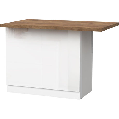 Fiora 130x80cm White Gloss Small Kitchen Island Breakfast Bar with Mercure Oak Top & Storage - FurniComp