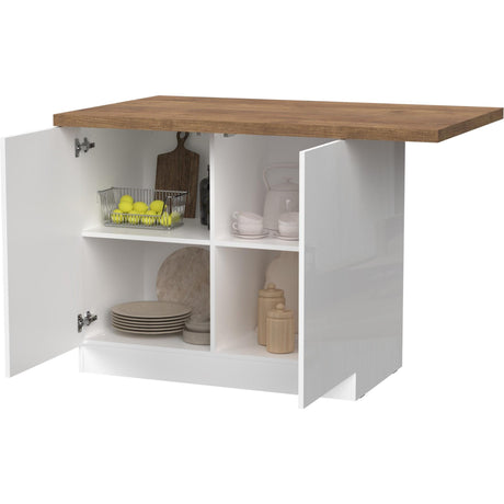 Fiora 130x80cm White Gloss Small Kitchen Island Breakfast Bar with Mercure Oak Top & Storage - FurniComp