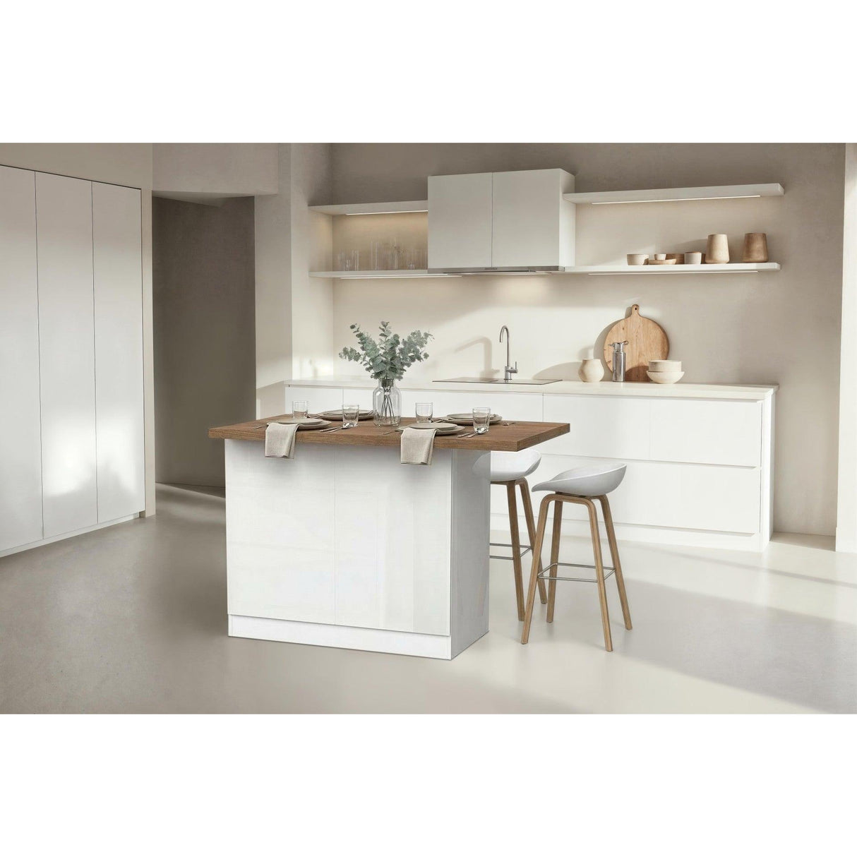 Fiora 130x80cm White Gloss Small Kitchen Island Breakfast Bar with Mercure Oak Top & Storage - FurniComp