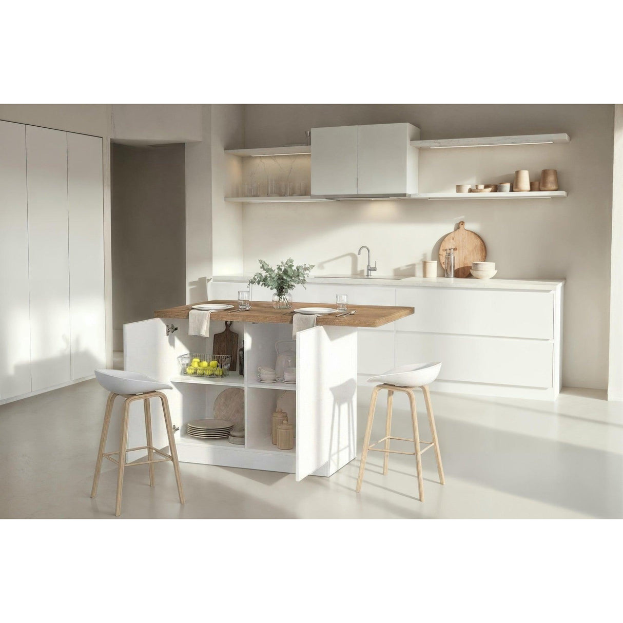 Fiora 130x80cm White Gloss Small Kitchen Island Breakfast Bar with Mercure Oak Top & Storage - FurniComp