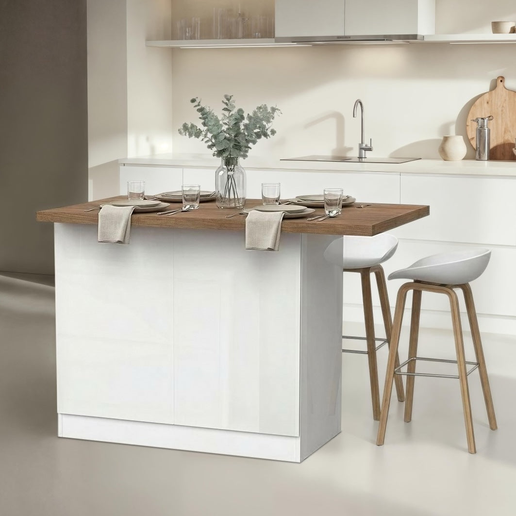 Fiora 130x80cm White Gloss Small Kitchen Island Breakfast Bar with Mercure Oak Top & Storage - FurniComp