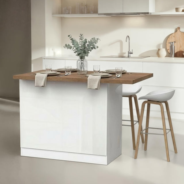 Fiora 130x80cm White Gloss Small Kitchen Island Breakfast Bar with Mercure Oak Top & Storage - FurniComp