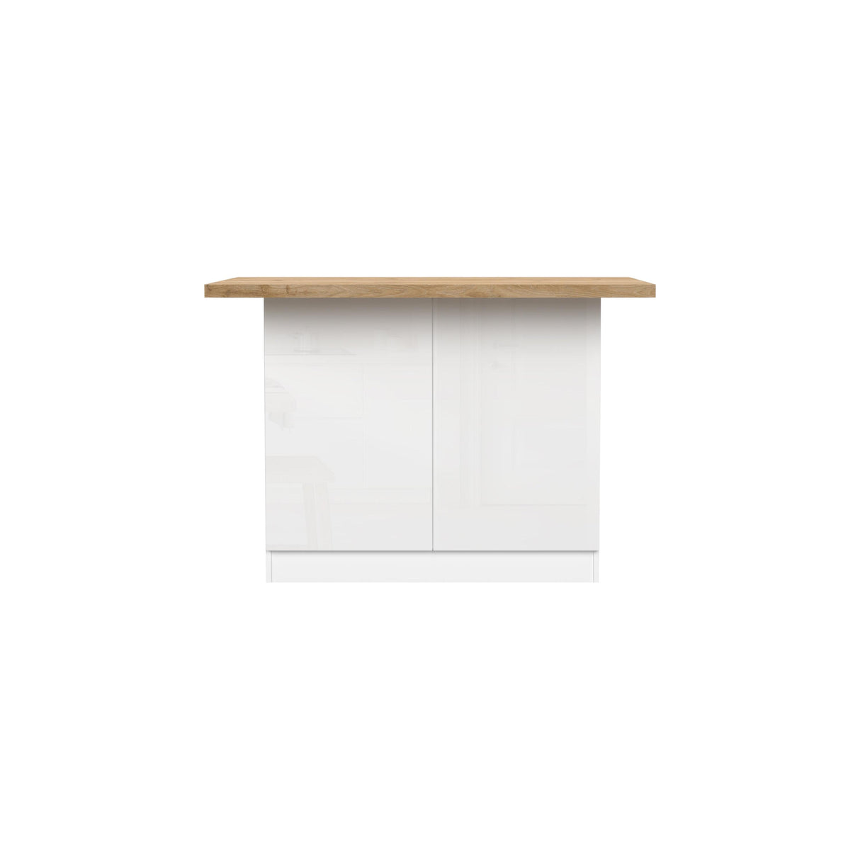 Fiora 130x80cm White Gloss Small Kitchen Island Breakfast Bar with Oak Top & Storage - FurniComp