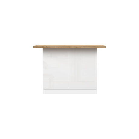 Fiora 130x80cm White Gloss Small Kitchen Island Breakfast Bar with Oak Top & Storage - FurniComp