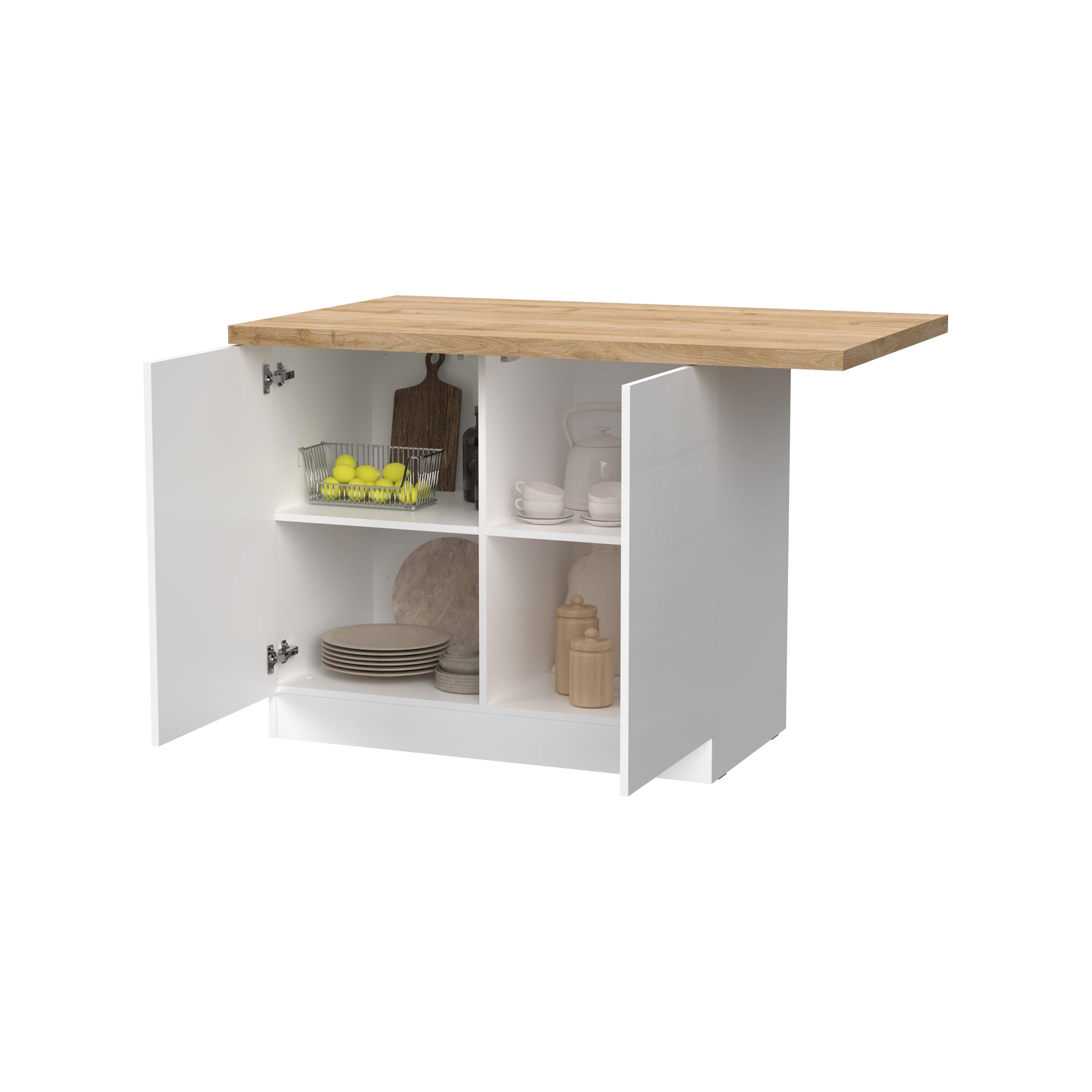 Fiora 130x80cm White Gloss Small Kitchen Island Breakfast Bar with Oak Top & Storage - FurniComp