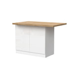 Fiora 130x80cm White Gloss Small Kitchen Island Breakfast Bar with Oak Top & Storage - FurniComp