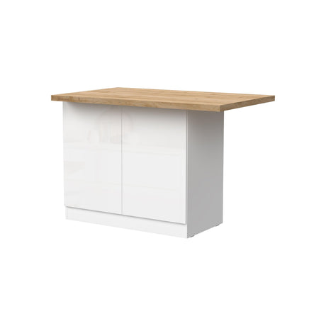 Fiora 130x80cm White Gloss Small Kitchen Island Breakfast Bar with Oak Top & Storage - FurniComp