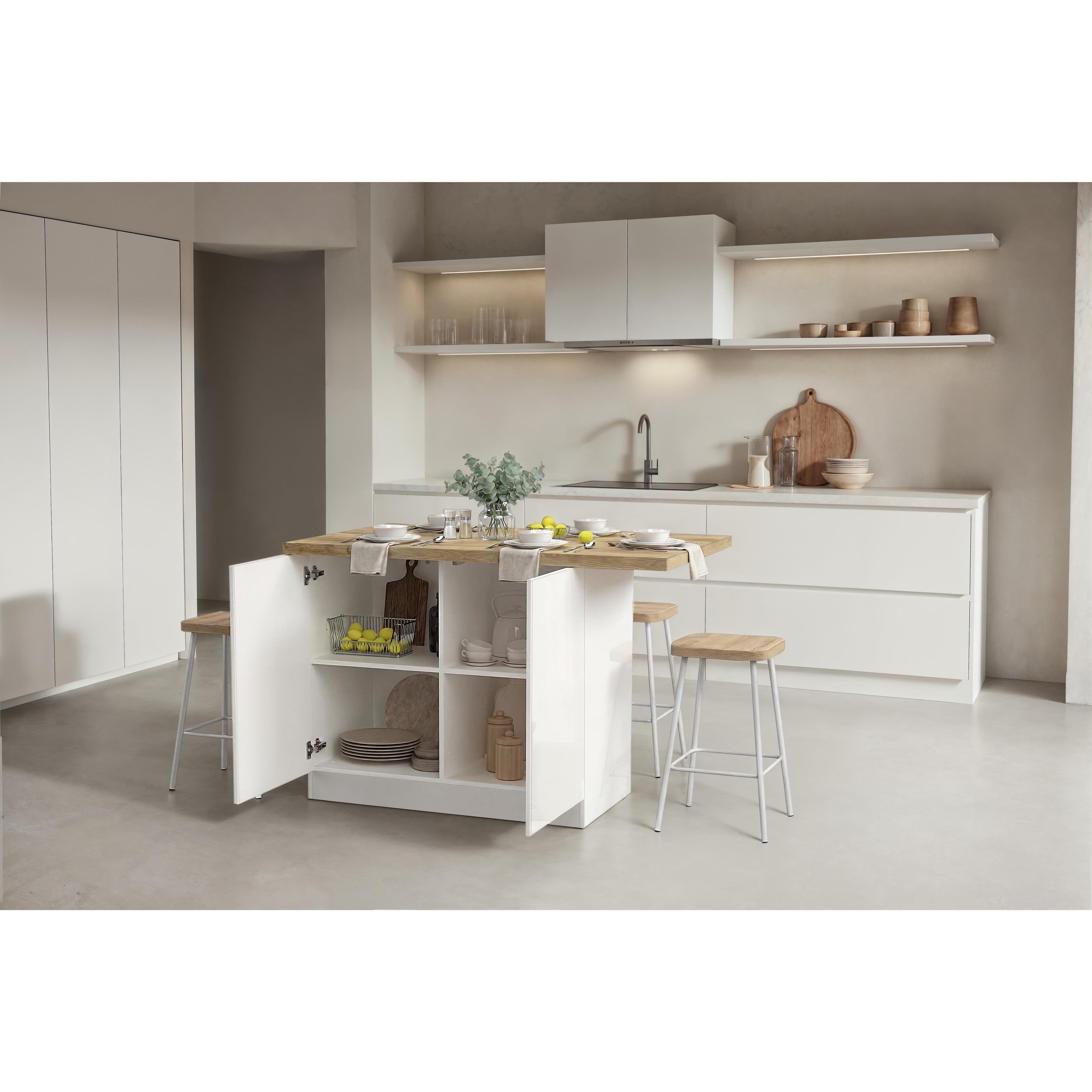 Fiora 130x80cm White Gloss Small Kitchen Island Breakfast Bar with Oak Top & Storage - FurniComp