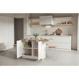 Fiora 130x80cm White Gloss Small Kitchen Island Breakfast Bar with Oak Top & Storage - FurniComp