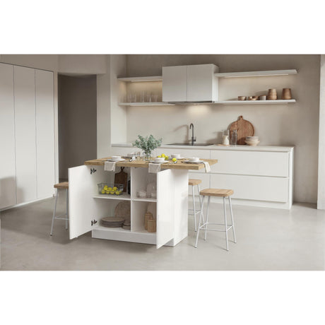 Fiora 130x80cm White Gloss Small Kitchen Island Breakfast Bar with Oak Top & Storage - FurniComp