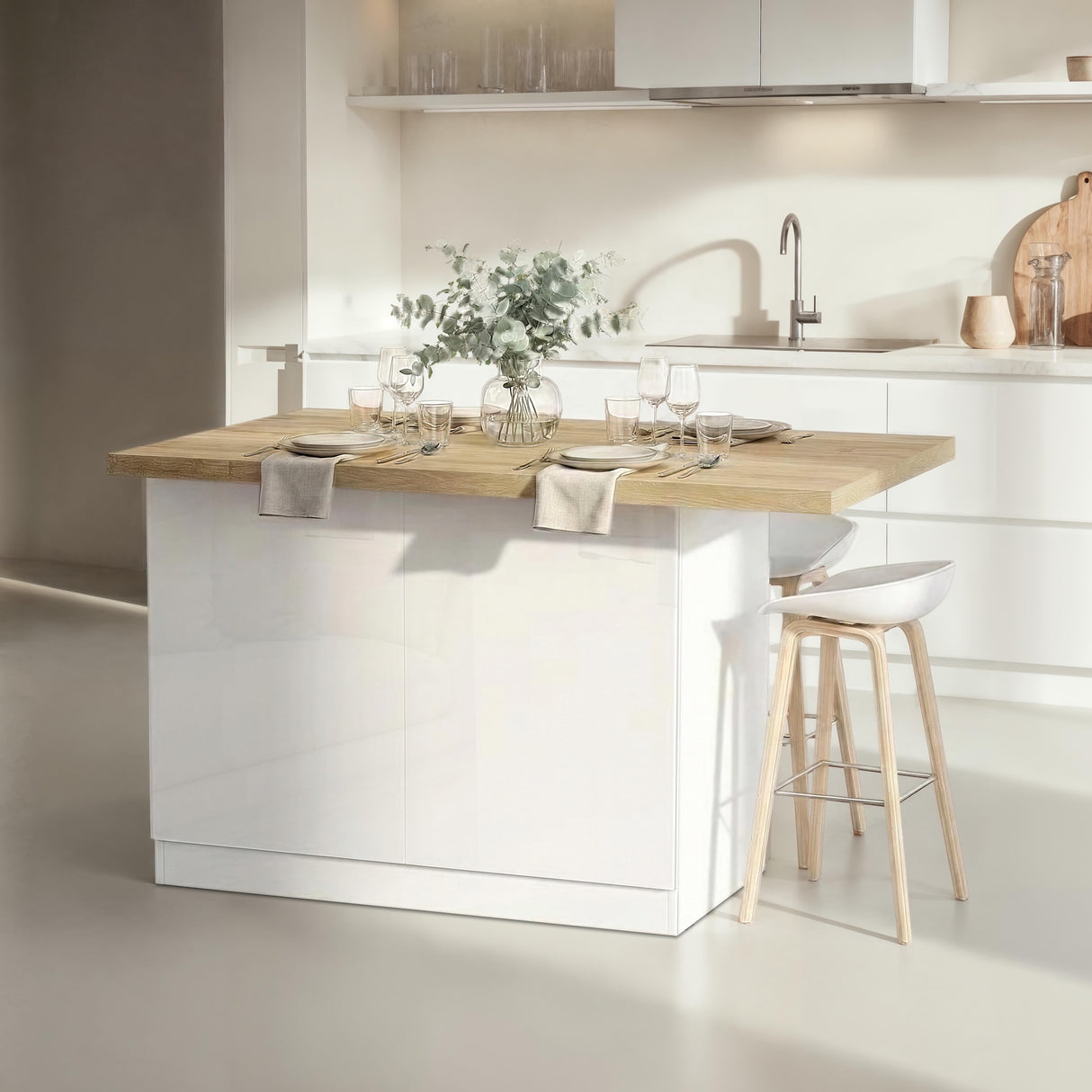 Fiora 130x80cm White Gloss Small Kitchen Island Breakfast Bar with Oak Top & Storage - FurniComp