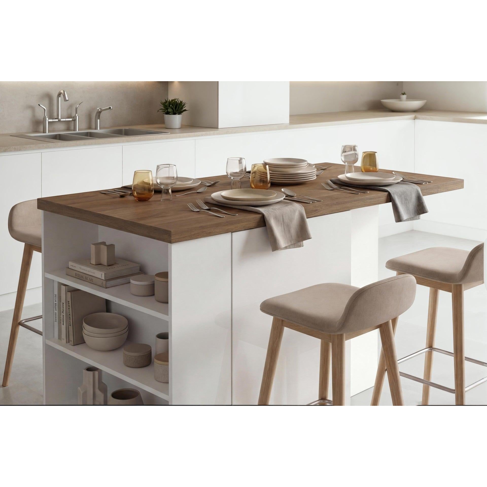 Fiora 160x80cm White Gloss Kitchen Island Breakfast Bar with Mercure Oak Top Shelving & Storage - FurniComp