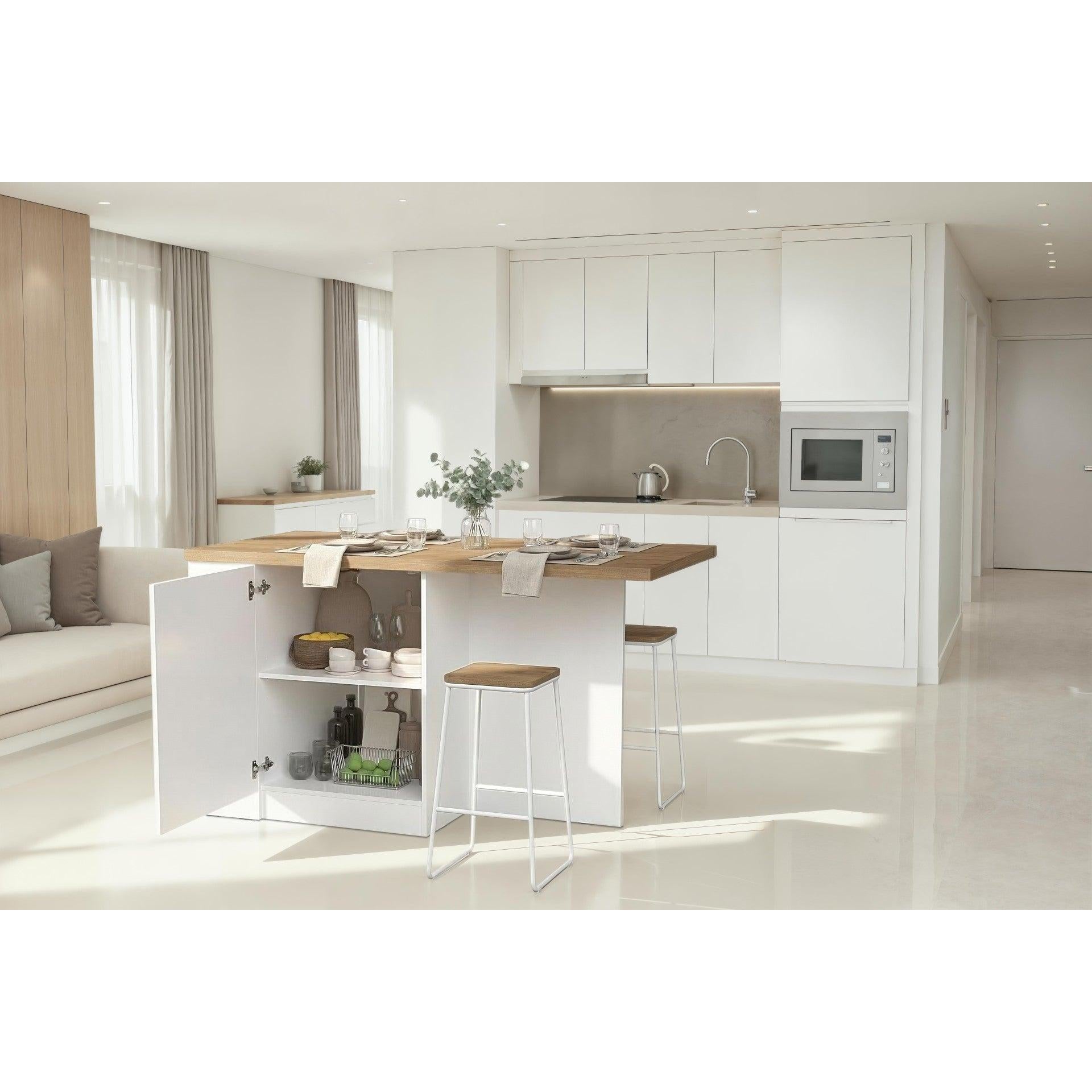 Fiora 160x80cm White Gloss Kitchen Island Breakfast Bar with Mercure Oak Top Shelving & Storage - FurniComp