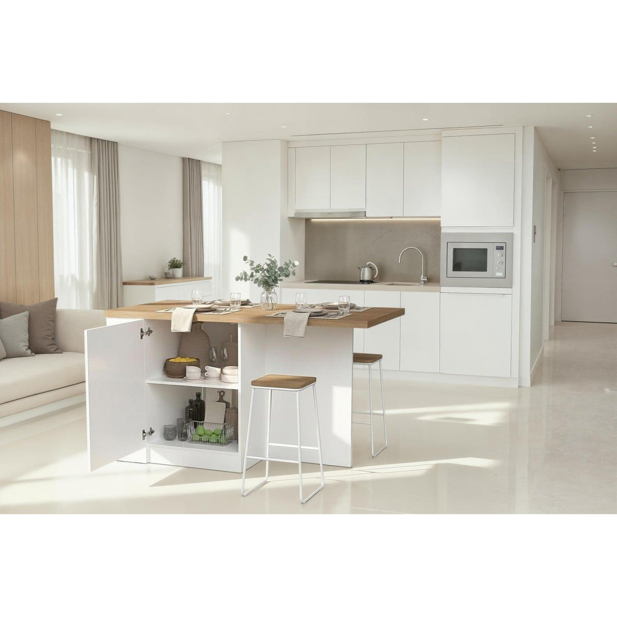 Fiora 160x80cm White Gloss Kitchen Island Breakfast Bar with Mercure Oak Top Shelving & Storage - FurniComp