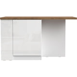 Fiora 160x80cm White Gloss Kitchen Island Breakfast Bar with Mercure Oak Top Shelving & Storage - FurniComp