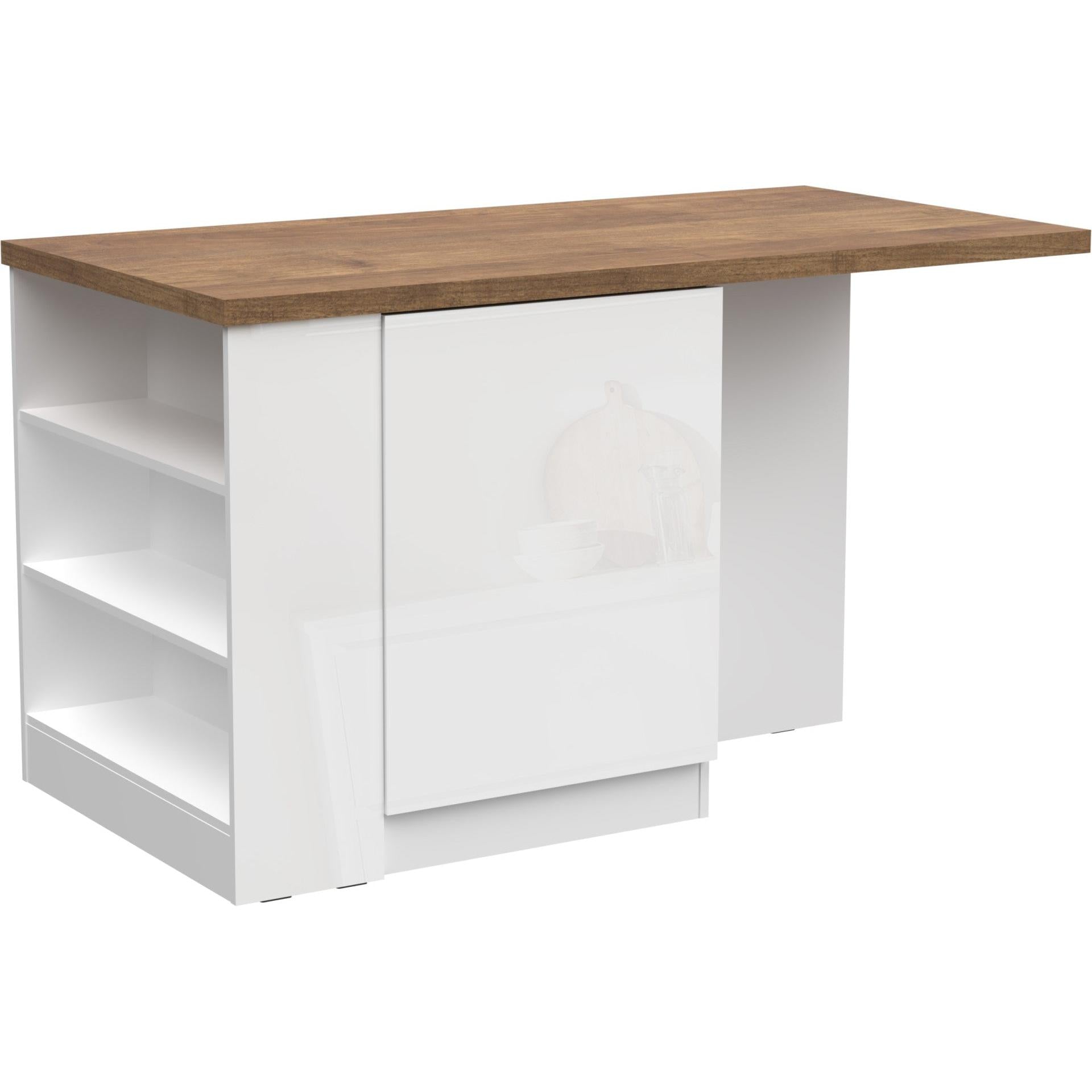 Fiora 160x80cm White Gloss Kitchen Island Breakfast Bar with Mercure Oak Top Shelving & Storage - FurniComp