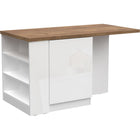 Fiora 160x80cm White Gloss Kitchen Island Breakfast Bar with Mercure Oak Top Shelving & Storage - FurniComp