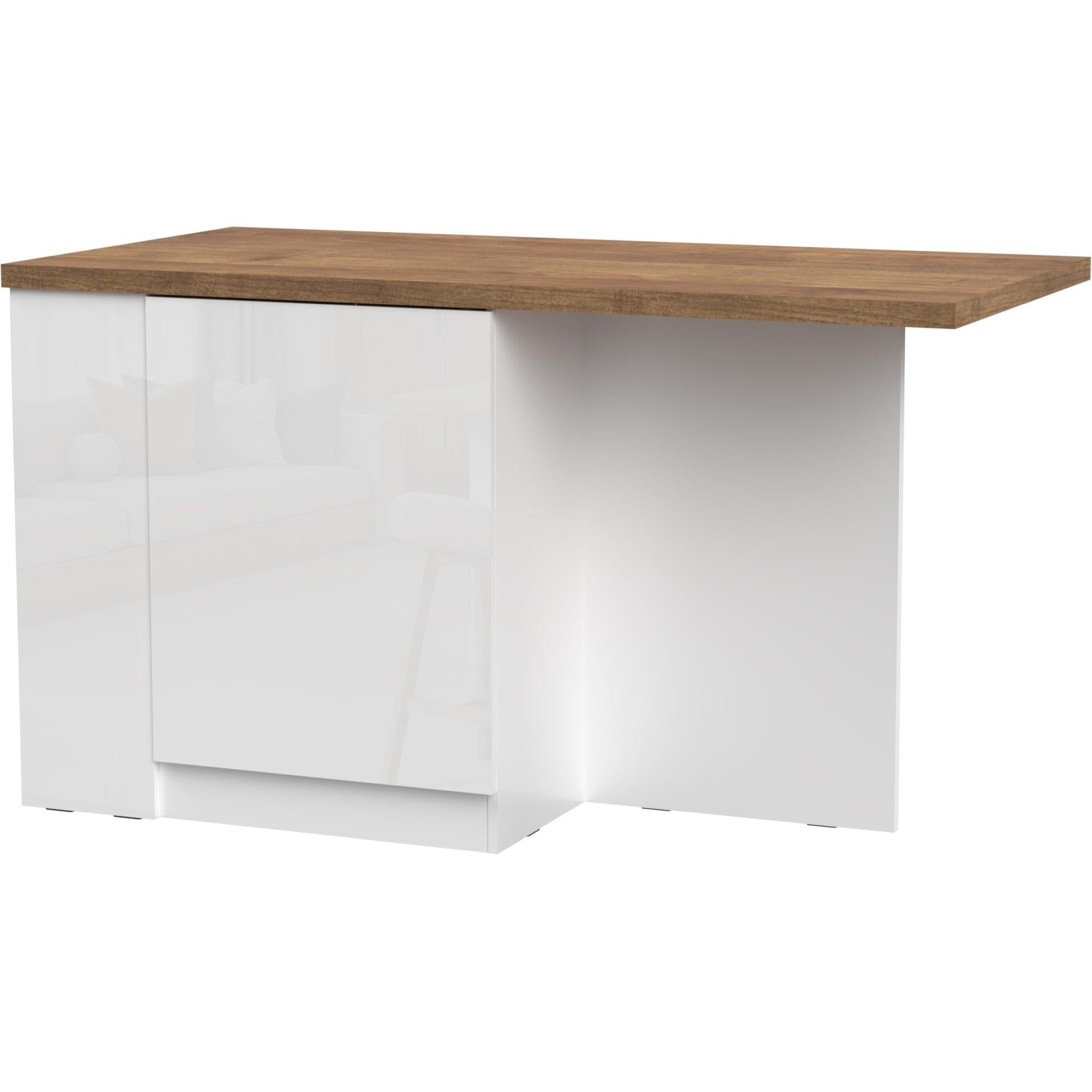 Fiora 160x80cm White Gloss Kitchen Island Breakfast Bar with Mercure Oak Top Shelving & Storage - FurniComp
