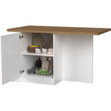 Fiora 160x80cm White Gloss Kitchen Island Breakfast Bar with Mercure Oak Top Shelving & Storage - FurniComp