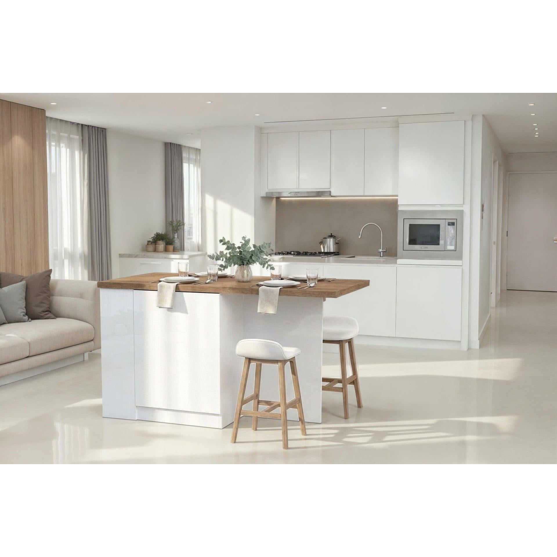 Fiora 160x80cm White Gloss Kitchen Island Breakfast Bar with Mercure Oak Top Shelving & Storage - FurniComp