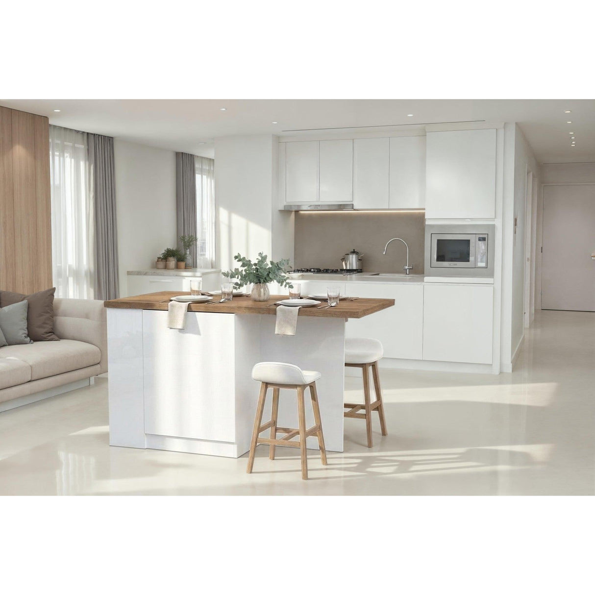 Fiora 160x80cm White Gloss Kitchen Island Breakfast Bar with Mercure Oak Top Shelving & Storage - FurniComp