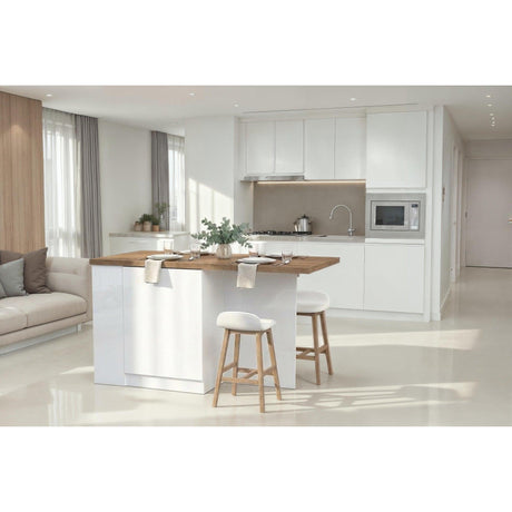 Fiora 160x80cm White Gloss Kitchen Island Breakfast Bar with Mercure Oak Top Shelving & Storage - FurniComp