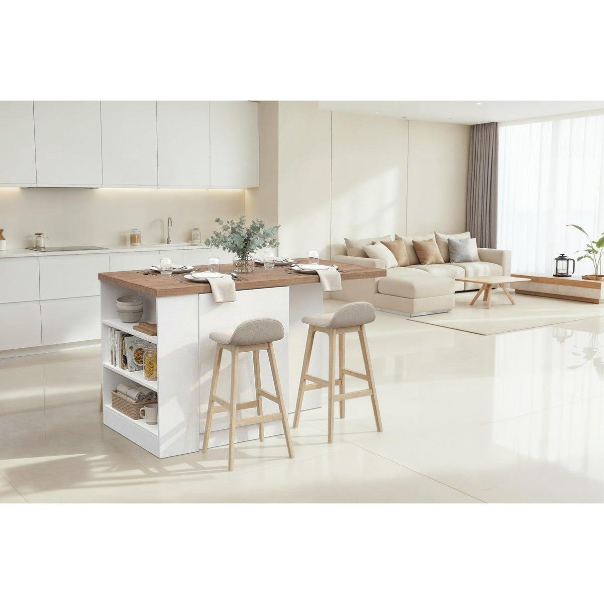 Fiora 160x80cm White Gloss Kitchen Island Breakfast Bar with Mercure Oak Top Shelving & Storage - FurniComp