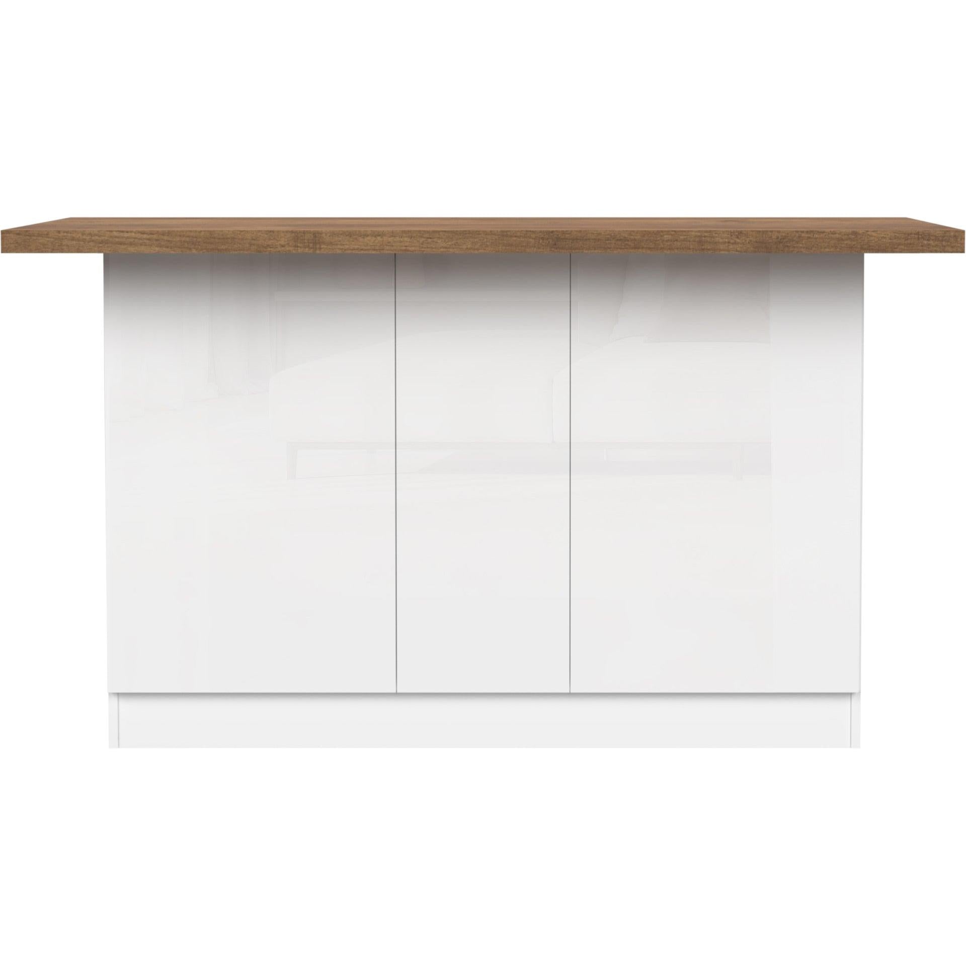 Fiora 160x80cm White Gloss Kitchen Island Breakfast Bar with Mercure Oak Top & Storage - FurniComp