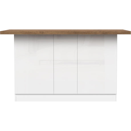 Fiora 160x80cm White Gloss Kitchen Island Breakfast Bar with Mercure Oak Top & Storage - FurniComp