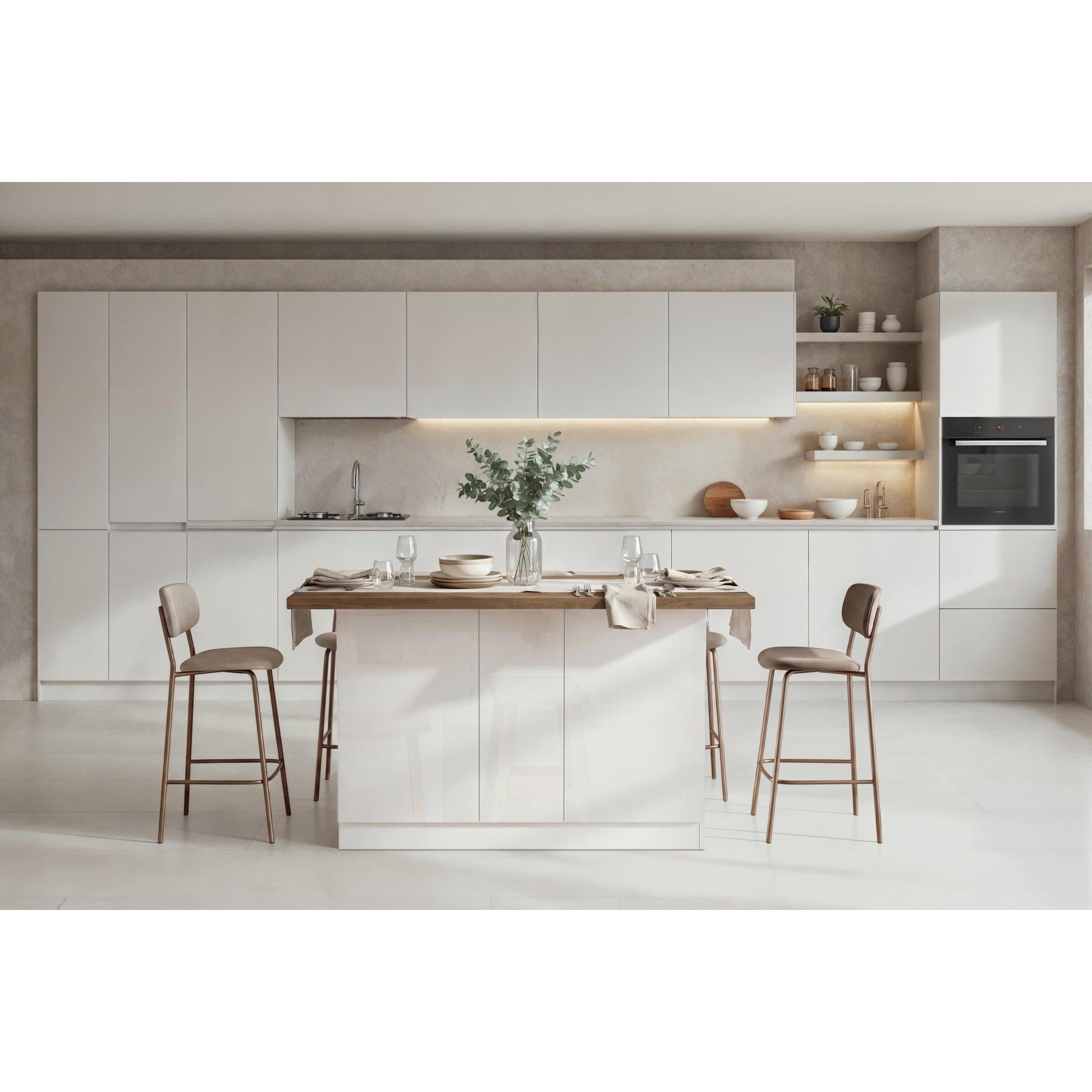 Fiora 160x80cm White Gloss Kitchen Island Breakfast Bar with Mercure Oak Top & Storage - FurniComp