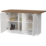 Fiora 160x80cm White Gloss Kitchen Island Breakfast Bar with Mercure Oak Top & Storage - FurniComp