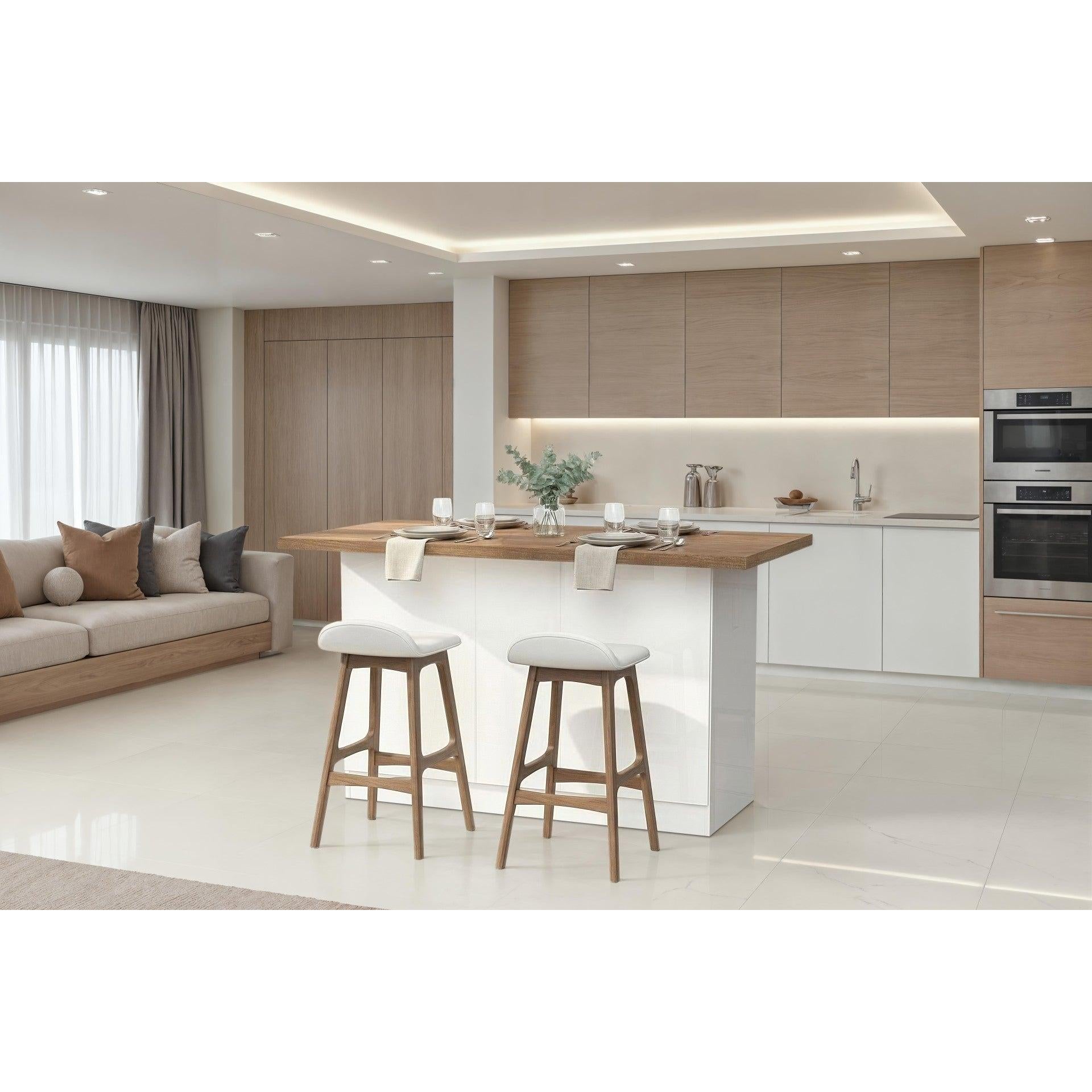 Fiora 160x80cm White Gloss Kitchen Island Breakfast Bar with Mercure Oak Top & Storage - FurniComp