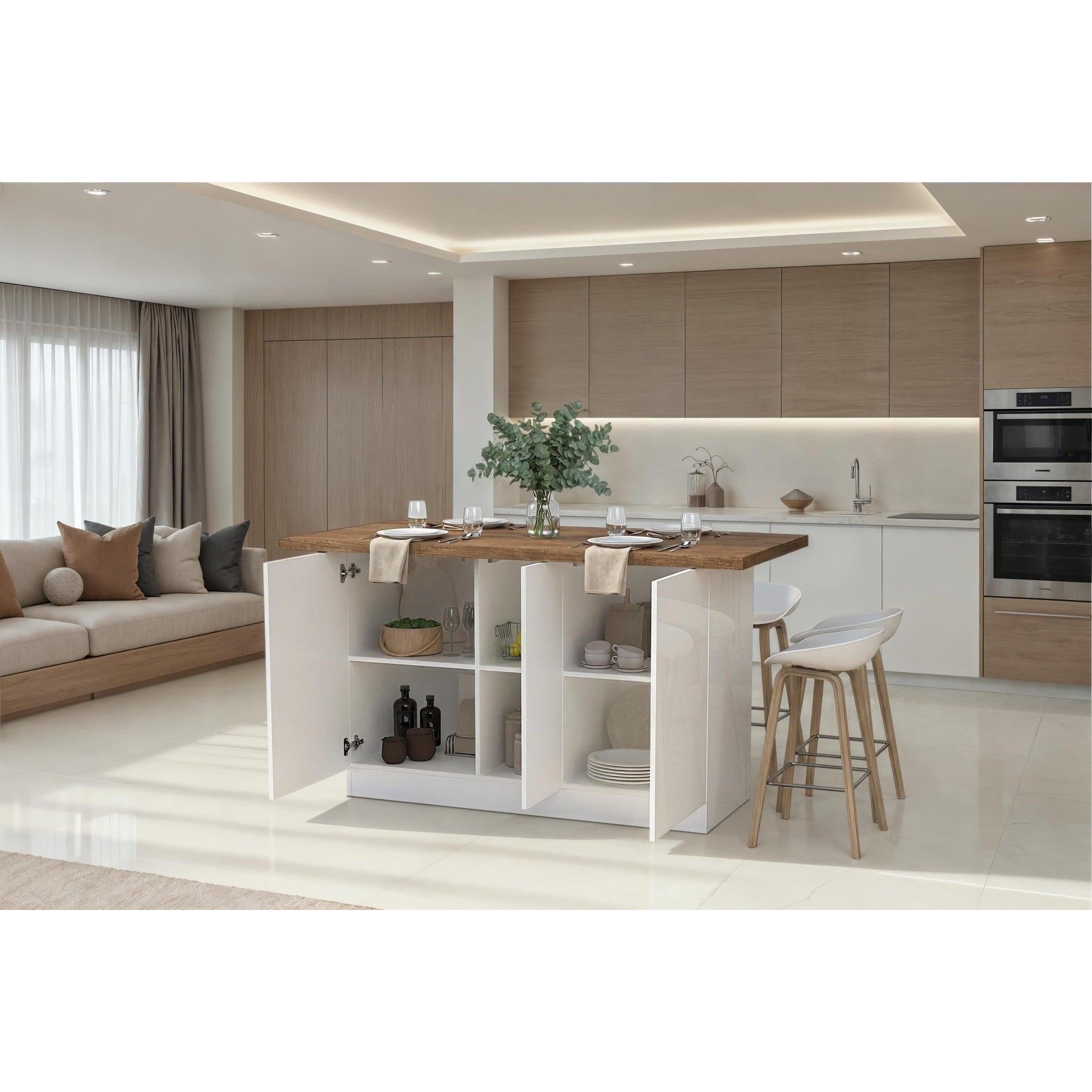 Fiora 160x80cm White Gloss Kitchen Island Breakfast Bar with Mercure Oak Top & Storage - FurniComp