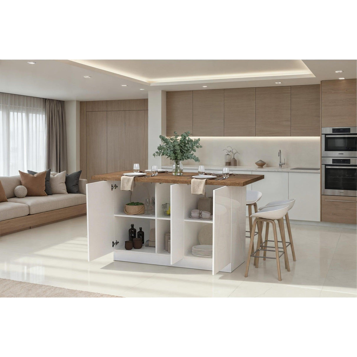 Fiora 160x80cm White Gloss Kitchen Island Breakfast Bar with Mercure Oak Top & Storage - FurniComp