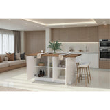 Fiora 160x80cm White Gloss Kitchen Island Breakfast Bar with Mercure Oak Top & Storage - FurniComp
